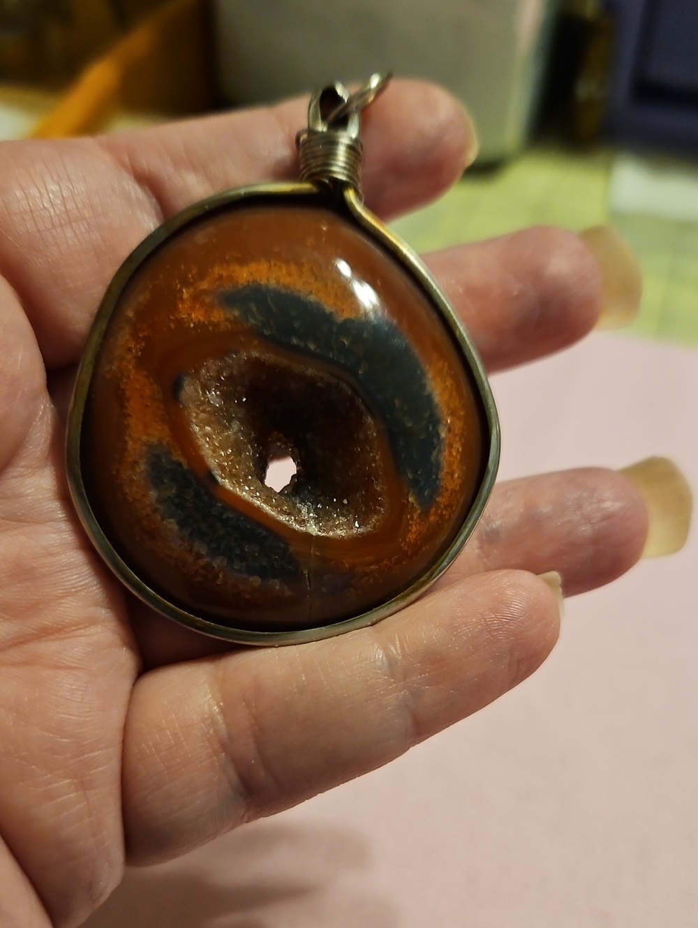 Natural Brown Agate Geode Pendant Necklace Handcrafted Showing A Drewzy Center